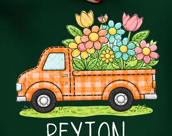 Spring Time Truck PNG, Orange Gingham Flower Truck Design for Kids, Digital Download for Sublimation