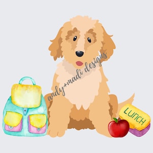 May include: A watercolor illustration of a light brown dog sitting with a blue and yellow backpack, a red apple, and a yellow lunchbox with the word "LUNCH" on it.