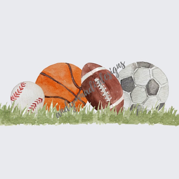 Sport Balls in Grass / Watercolor PNG / Digital Download for Sublimation