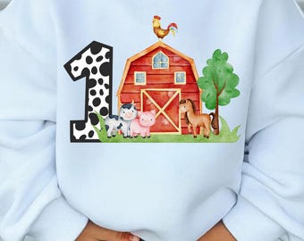 Farm Animals First Birthday PNG, Cow Pig Horse Chicken Clipart, Barnyard 1st Birthday Shirt Design for Kids Sublimation