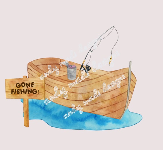 Kids Fishing Boat PNG / Watercolor Boat with Fishing Pole, Can of Worms /  Toddler, Kid Design / Digital Download for Sublimation