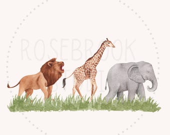 Zoo Animals PNG Set for Kids Shirts – Watercolor Lion Giraffe Elephant Clipart – Safari Birthday Sublimation PNG