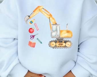 Back to School Excavator PNG, School Supplies Design for Kids, Construction End of Summer Tractor, Digital Download for Sublimation