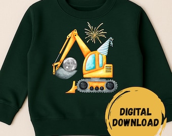 New Years Excavator PNG, Construction Tractor Disco Ball with Party Hat, New Year Design for Kids/Boys, Digital Download for Sublimation