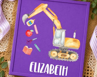Back to School Excavator PNG, School Supplies Design for Kids, Construction End of Summer Tractor, Digital Download for Sublimation