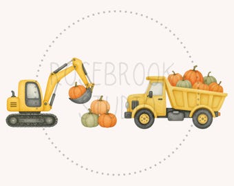 Op de afbeelding: Een illustratie van een gele graafmachine en een gele kiepwagen. De graafbak bevat een oranje pompoen, met meer oranje en groene pompoenen op de grond. De laadbak van de kiepwagen is gevuld met diverse oranje en groene pompoenen.