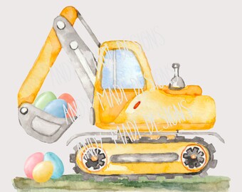 Easter Tractor, Excavator PNG / Watercolor Easter Construction Design / Digital Download for Sublimation
