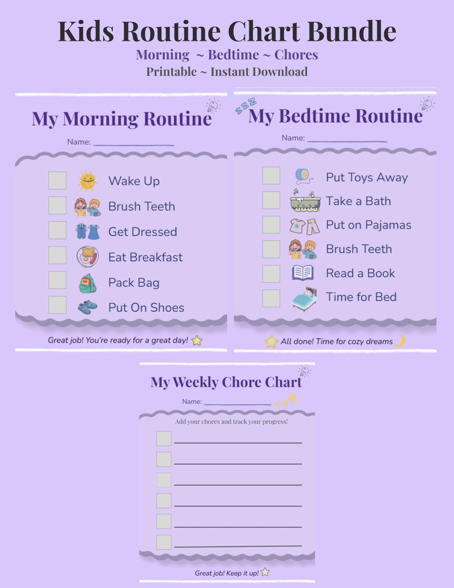 Kids Routine Chart Printable Bundle | Morning, Bedtime & Chore Chart ...