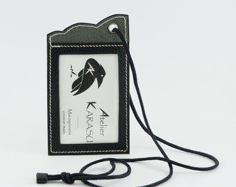 MIRU Badge Holder, firm cowhide leather, grained black color, hand-stitched, tinted edges, leather goods for men or women