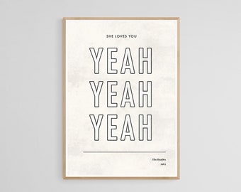 Plakat z tekstem piosenki „She Loves You” zespołu Beatles | Sztuka ścienna w stylu retro z lat 60.