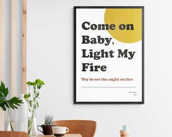 Tekst piosenki „Light My Fire” zespołu The Doors: grafika retro z lat 60. (do pobrania w wersji cyfrowej)