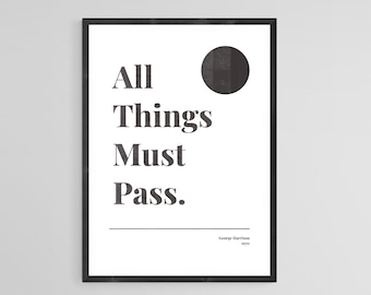 Tekst piosenki „All Things Must Pass” George'a Harrisona – minimalistyczny plakat muzyczny z lat 70. (do pobrania cyfrowego)