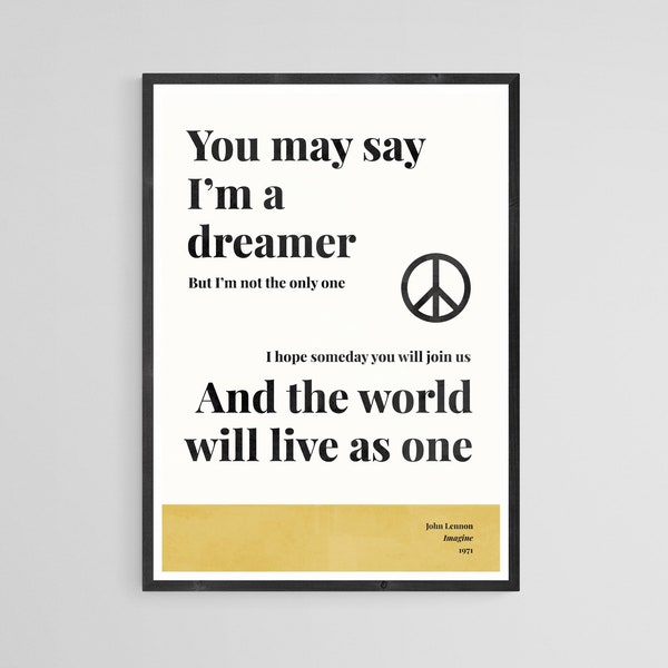 John Lennon Imagine Print | Retro Inspired Printable Poster | Dreamer Typographic Art | Minimal, inspirational lyrics | 1970's | The Beatles