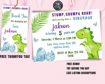 May include: A printable dinosaur birthday party invitation featuring a green dinosaur illustration, blue eggs, and green palm leaves. The text reads "STOMP, CHOMP & ROAR! Let's party like a DINOSAUR. Jakson is turning 5 years old! Saturday, 5 March at 2:00 PM Lake View river Park 225 address street RSVP @ Mom 123 456 7890 FREE DEMO! TRY BEFORE YOU BUY [SEE LISTING DISCRIPTION]"