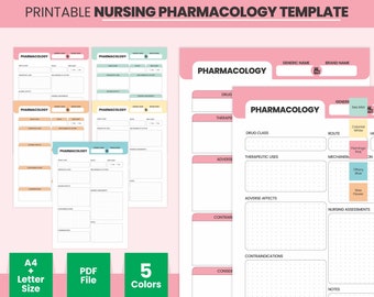 May include: Printable nursing pharmacology template with five different color options. The template includes sections for drug name, drug class, therapeutic uses, adverse effects, contraindications, nursing assessments, and notes.