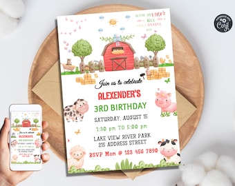 Modèle d'invitation de fête d'anniversaire de ferme, invitation d'anniversaire d'animaux de ferme, basse-cour, fête d'anniversaire de ferme mobile, imprimable