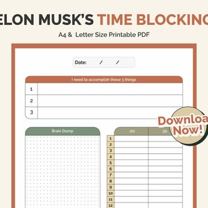 Könnte beinhalten: Ein druckbarer Zeitblock-Planer mit einem braunen und grünen Farbschema. Der Planer hat einen Abschnitt zum Auflisten von drei zu erledigenden Dingen, einen Brain-Dump-Abschnitt und einen Zeitblock-Abschnitt mit Spalten für 00 und 30 Minuten. Der Text "Jetzt herunterladen!" befindet sich in einem Kreis mit einem braunen und grünen Farbschema.