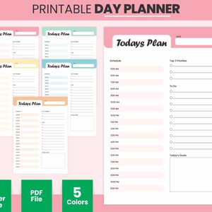 May include: Printable daily planner with five different color options. The planner includes a schedule, top three priorities, to-do list, and space for today's goals. The colors are sea mist, colonial white, flamingo pink, tiffany blue, and wild flower.