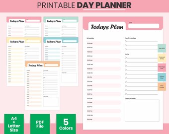 May include: Printable daily planner with five different color options. The planner includes a schedule, top three priorities, to-do list, and space for today's goals. The colors are sea mist, colonial white, flamingo pink, tiffany blue, and wild flower.