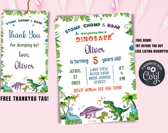 May include: A dinosaur-themed birthday party invitation featuring green, blue, and orange dinosaurs on a white background. The invitation reads "Stomp, Chomp & Roar" and "Let's party like a Dinosaur". It also includes the name "Oliver" and the age "5".