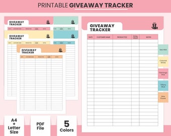 May include: Printable giveaway tracker in five colors: sea mist, colonial white, flamingo pink, tiffany blue, and wax flower. The tracker has columns for date, customer name, product, total value, and notes.