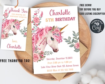 Printable Unicorn Birthday Invitation, Editable Unicorn Birthday Party Invite, Unicorn Rainbow Invites, Magical Invitation, Instant Download