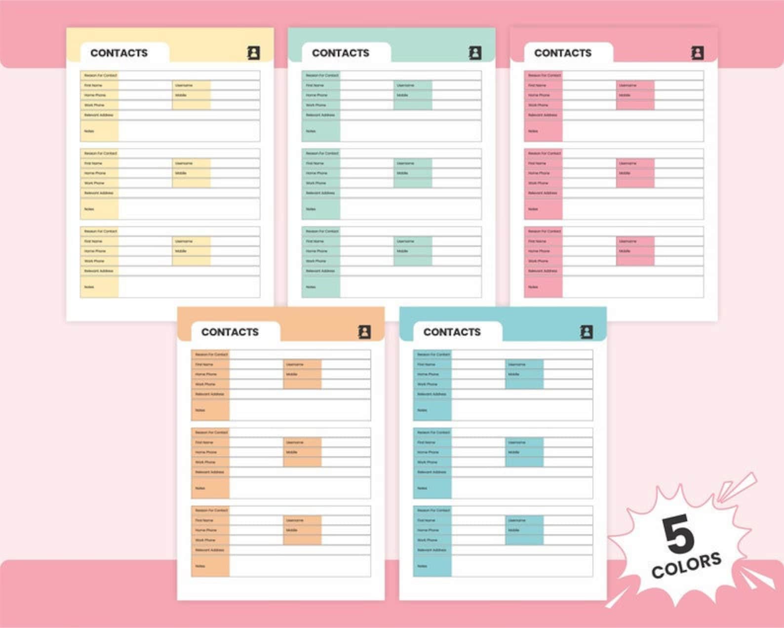 Printable Contact List Template PDF Address Book A4 and Letter Size Emergency Contacts Log Book