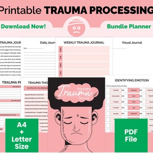 May include: Printable trauma processing journal bundle planner in pink and green with a cartoon illustration of a person with a sad expression. The journal includes a weekly trauma journal, a daily journal, a visual journal, and a trauma processing journal. The journal is available in A4 and letter size and is a PDF file.