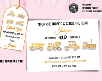 May include: Construction themed birthday party invitation with a yellow and orange color scheme. The invitation says "Stop the traffic & close the road" and features a watercolor illustration of construction vehicles. The invitation is for Jasson's 4th birthday party.