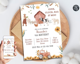 Modèle d'invitation de fête d'anniversaire de ferme, invitation d'anniversaire d'animaux de ferme, basse-cour, fête d'anniversaire de ferme mobile, imprimable