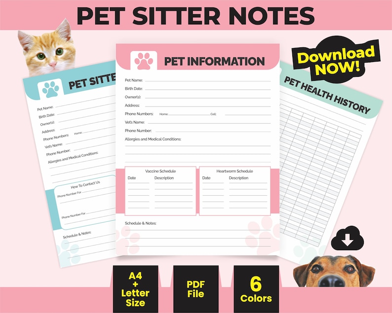Printable Pet Sitter Notes for Pet Business Digital Animal Health ...