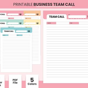 May include: Printable team call planner template in five colors: sea mist, colonial white, flamingo pink, tiffany blue, and wax flower. The template includes space for the date, speaker, topic, and notes. The template is available in A4 and letter size.