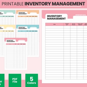 May include: Printable inventory management sheet with five colour options: sea mist, colonial white, flamingo pink, tiffany blue, and wild flower. The sheet includes columns for item, target quantity, quantity in stock, sold this month, and need to purchase.