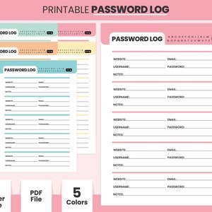 Printable Password Logbook, A4 Password Organizing Sheets, 5 Colors Website Password Journal ...