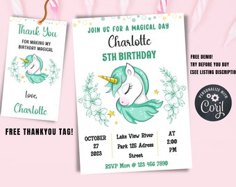 Printable Unicorn Birthday Invitation, Editable Unicorn Birthday Party Invite, Unicorn Rainbow Invites, Magical Invitation, Instant Download