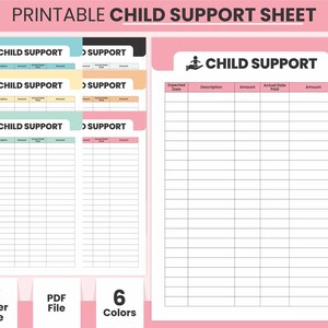 May include: Printable child support sheet with six different color options: sea mist, colonial white, flamingo pink, tiffany blue, wax flower, and black. The sheet includes columns for expected date, description, amount, actual date paid, and amount.