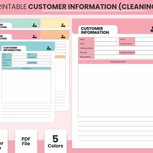 May include: Printable customer information form for cleaning services. The form has fields for name, email, phone, company name, cleaning address, zip code, billing address, cleaning frequency, and cleaning instructions. The form is available in five colors: sea mist, colonial white, flamingo pink, tiffany blue, and wax flower.