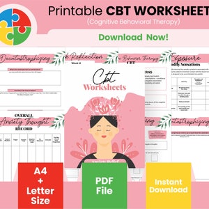 May include: A set of printable Cognitive Behavioral Therapy (CBT) worksheets in pink, green, and yellow. The worksheets include titles like "Decatastrophizing", "Reflection", "Exposure and Bodily Sensations", and "Overall Anxiety Thought Record". The worksheets are available in A4 and letter sizes and are available for instant download as a PDF file.