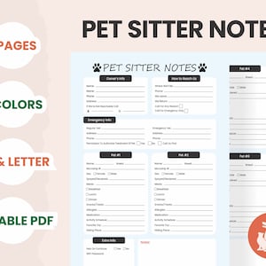 Pet Sitter Notes Printable Dog Sitter Notes Letter & A5 Size Pet Sitter Info Digital Form Editable Dog Sitter Cat Sitter Pet Care Checklist
