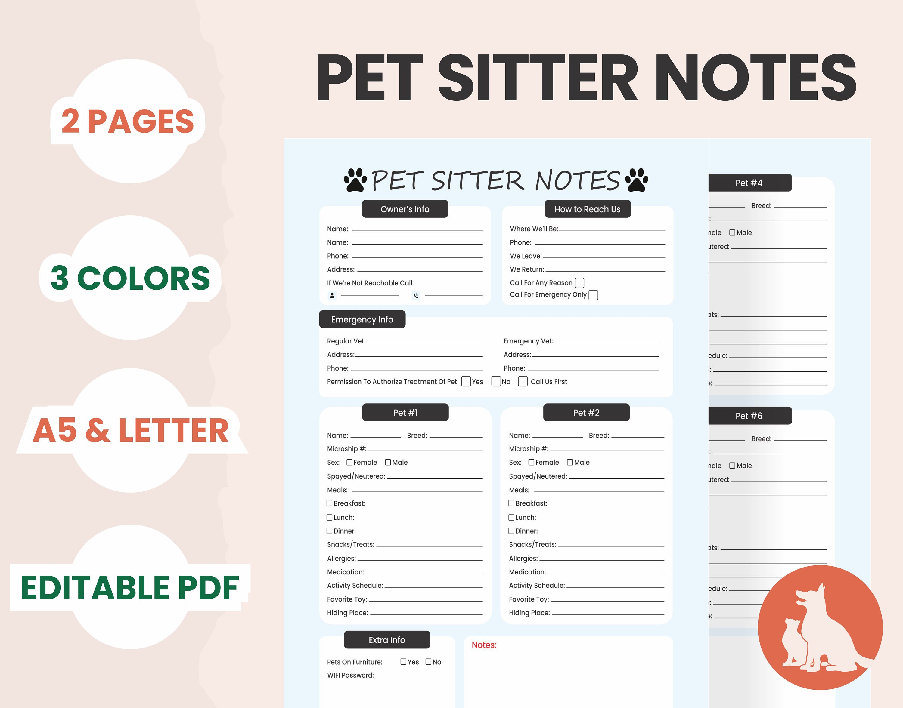 Pet Sitter Notes Printable Dog Sitter Notes Letter & A5 Size Pet Sitter