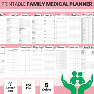 Puede incluir: Planificador médico familiar imprimible con secciones para notas semanales, información de los niños, información personal, información detallada, lista de contactos, contactos médicos, dibujo médico, historial familiar, historial médico, historial de medicamentos, registro de alergias, registro de medicamentos, medicamentos, visitas al médico y seguro médico. El planificador está disponible en cinco colores y en tamaño A4 y carta.