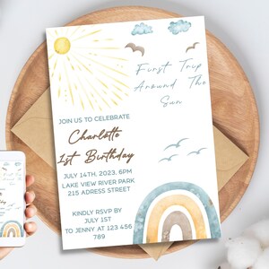 First Trip Around the Sun Birthday Invitation, Editable Sunshine Birthday Invitation, Girl First Birthday Template, Space First Birthday