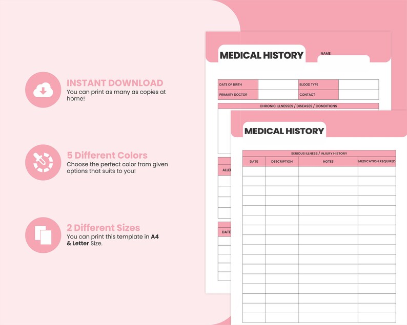 Printable A4 Medical History Form Template, Health Binder, Medical Report Sheet, Medication Log