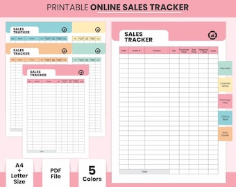 May include: Printable online sales tracker template with five color options: sea mist, colonial white, flamingo pink, tiffany blue, and wax flower. The template includes columns for date, order number, product, quantity, purchase price, sale price, shipping, fees, and profit.
