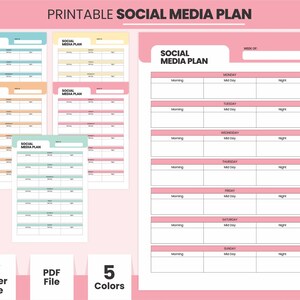 Può includere: Pianificatore di social media stampabile con layout settimanale. Il pianificatore è diviso in tre sezioni: mattina, mezzogiorno e sera. Il pianificatore è disponibile in cinque colori: Nebbia Marina, Bianco Coloniale, Rosa Flamingo, Blu Tiffany e Fiore di Cera.