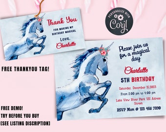 Printable Unicorn Birthday Invitation, Editable Unicorn Birthday Party Invite, Unicorn Rainbow Invites, Magical Invitation, Instant Download