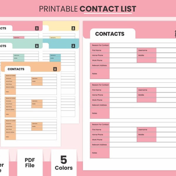 Printable Contact List Template PDF Address Book A4 and Letter Size Emergency Contacts Log Book Downloadable Email Phone Numbers Diary