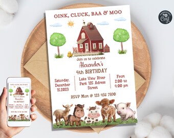 Modèle d'invitation de fête d'anniversaire de ferme, invitation d'anniversaire d'animaux de ferme, basse-cour, fête d'anniversaire de ferme mobile, imprimable