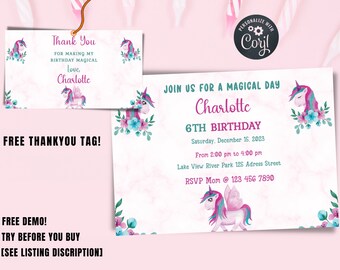 Printable Unicorn Birthday Invitation, Editable Unicorn Birthday Party Invite, Unicorn Rainbow Invites, Magical Invitation, Instant Download