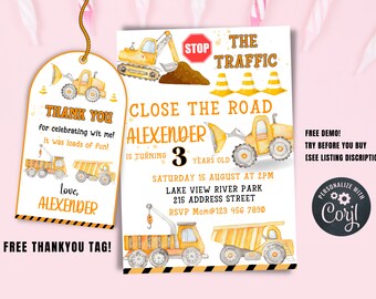 May include: Construction themed birthday party invitation with a yellow excavator, a stop sign, and the text "Close the Road Alexander is turning 3 years old". The invitation also includes the date, time, and location of the party. The invitation is decorated with yellow and black stripes and a watercolor effect.